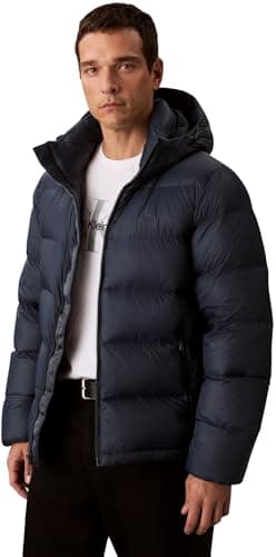 Image of Calvin Klein Men’s Nylon Zip Off Puffer Jacket with Hood, Blue (Ink), XL
