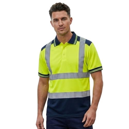 Image of Hi Vis Polo Shirt - High Visibility Safety Workwear with Reflective Stripes T Shirt, Available in Long Sleeve and Short Sleeve Work Top for Men and Women- (Railway Short Sleeve Yellow/Navy M)