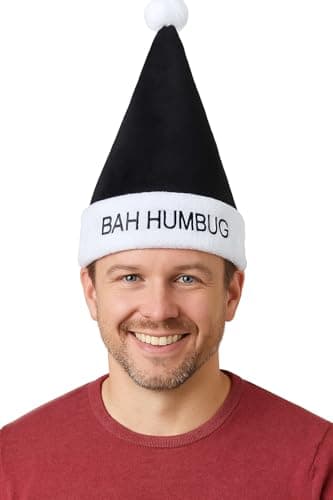 Image of GA COMMUNICATIONS Bah Humbug! Novelty Santa Hat – Black Plush Christmas Party Hat with White Faux-Fur Trim & Pom-Pom, Adult One Size Fits Most – Funny Holiday Stocking Filler (1)