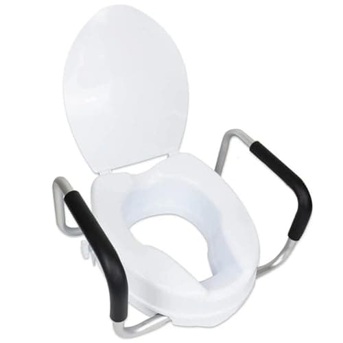 Image of White Disabled Raised Toilet Seat with Handles for Elderly – 4” Elevated Toilet Riser with Lid, for Disabled & Adults – Removable Support Handles for Handicap, Hip Replacement & Post Surgery Recovery