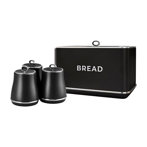 Image of Tower Renaissance Bread Bin, 16L Capacity, Simple Pull Lid and Set of 3 Storage Canisters for Coffee/Sugar/Tea, 1.5L, Black