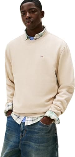 Image of Tommy Jeans Men's TJM Reg S Flag Crew Ext Dm0Dm20741 Pullover Sweatshirt, Beige (Gulf Sand), L