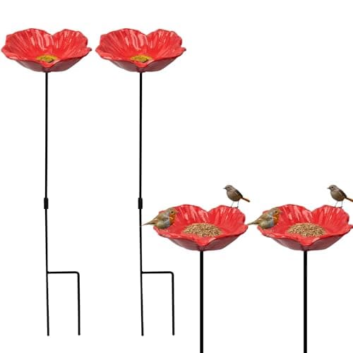 Image of Crystals Set of 2 Cast Iron Poppy Bird Bath & Feeder Dish – Garden Ornament Stake Bird Feeder, Outdoor Wildlife Water Bowl for Seeds, Birds & Garden Décor, Durable Rustic Design Bird Bath Feeding