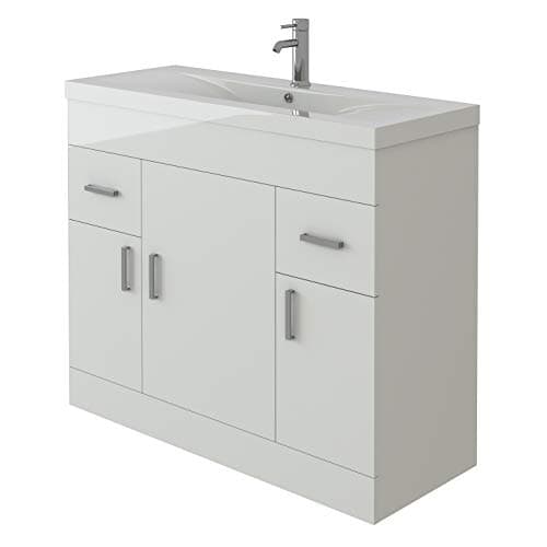 Image of VeeBath EDGE1000 Sobek High Gloss White Free Standing Basin Vanity Cabinet Unit with Doors Drawers & Rectangular Sink-1000mm