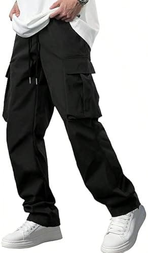 Image of Wirltte Mens Cargo Work Trousers Casual Outdoor Hiking Pants Solid Color with Pockets Black XL