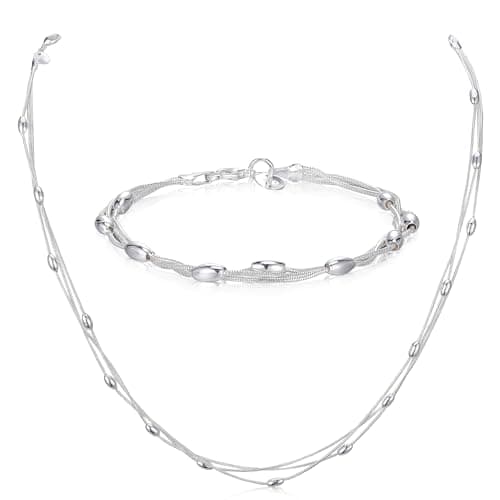 Image of S925 Bracelet for Women, Adjustable Silver Layered Bracelet & Necklace Set with Elegant Pink Box, Jewellery for women, Mother's Day, Birthday, Anniversary, Women's Day, Valentines gifts for her