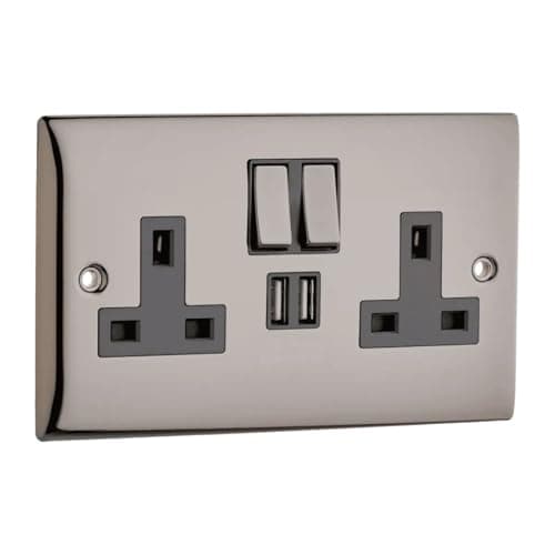 Image of Britelite Double Plug Socket with 2 USB Ports - Black Nickel Finish Type G 13A Outlet, Dual USB-A Charging Station & UK Socket Combo, Wall Hardware for Modern Home Décor