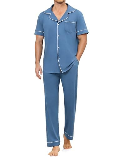 Image of Reliwel Mens Pyjama Set Short Sleeve Long Leg Pyjamas Set Mens Short Sleeve Button Up Pyjamas Set Cotton Men's Collared Short-Sleeved Long Pants Pajamas Sleepwear Men Light Blue