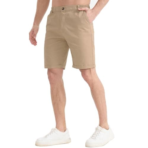 Image of FizzPop Mens Shorts UK Chino Shorts with Pockets Golf Cotton Casual Summer Stretch Smart Elasticated Waist Khaki L