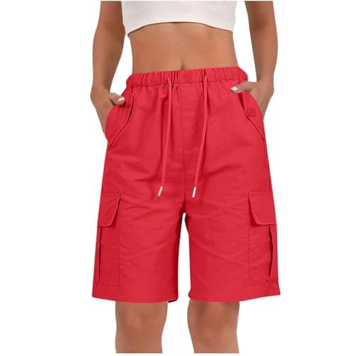 Image of RLEHJN Cargo Shorts Women UK, Ladies Bermuda Shorts Baggy Short Cargo Pants with Multiple Pockets Summer Drawstring Elasticated Waist Half Pants for Outdoor Hiking Work Travel Golf Red