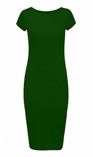 Image of Prime fashions Womens Ladies Plain Bodycon Short Cap Sleeve Maxi/Midi Dress Round Neck Casual, Bottle Green, M-L (12-14)