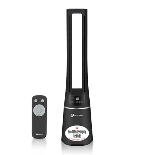 Image of PureMate 2-in-1 Bladeless Tower Fan & air purifier with HEPA Filter, 10 Speed Settings, Portable Ultra Quiet Standing Fan with Remote Control, Digital Display, Powerful Air Cooling for home & office