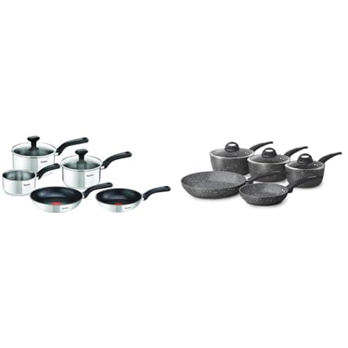 Image of Tefal Comfort Max, Pan Set, 14cm Milkpan, 16cm and 18cm Saucepans with Lids & Tower Cerastone T81276 Forged 5 Piece Pan Set with Non-Stick Coating and Soft Touch Handles