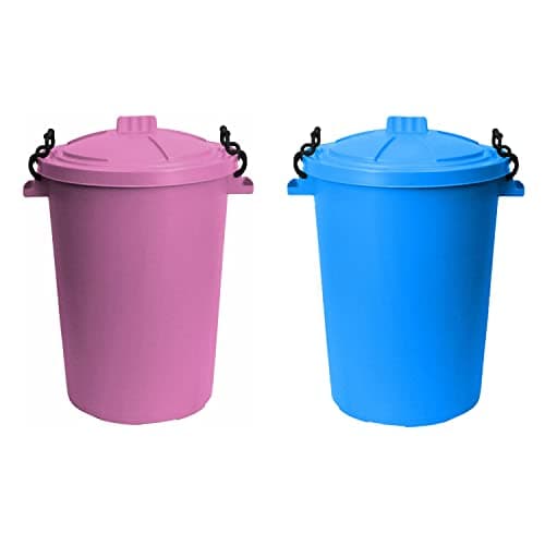 Image of Set of 2- 50Litre Sky Blue and Pink Heavy Duty Plastic Clip Lock Lid Bin Indoor or Outdoor Rubbish, Trash Can, Dustbin Waste or Storage of Animal Feed, Colourful Bins - Made in U.K. (Pink & Sky Blue)