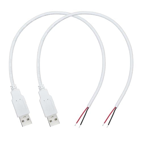 Image of Xilaghy USB 2 Wire Pigtail Cable 0.3M/1Ft,5V 3A USB 2.0 A Male Plug to 2 Pin Bare Wire Open End Power Repair Cable for LED Strips,Desk Lamp,White(2Pcs)