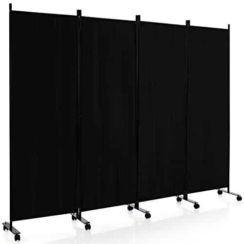 Image of COSTWAY 3/4-Panel Folding Room Divider, Rolling Wall Privacy Screen Protector with Wheels, Freestanding Paravent Partition Separator for Bedroom, Living Room and Office (Black, 4 Panel-224x172cm)