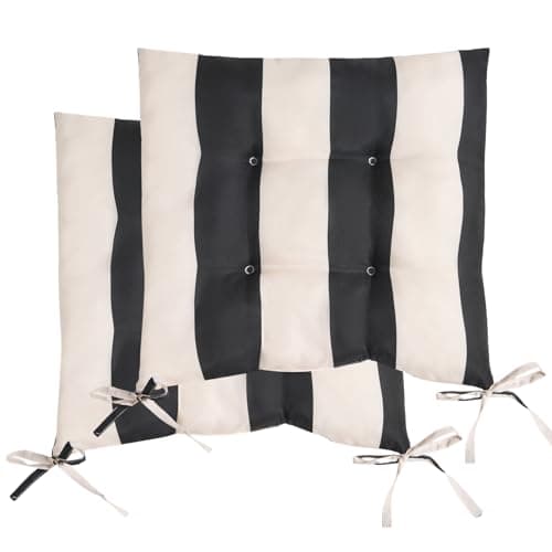 Image of OHS 2 Pack Seat Pads Garden Chair Cushions Stripe, Soft Comfy Indoor Outdoor Seat Cushions with Ties for Garden Furniture Bistro Chairs Kitchen Dining Chair Cushions, Monochrome - 40 x 40cm