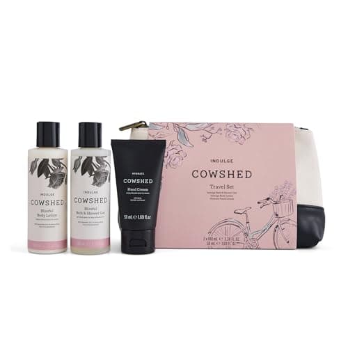 Image of Cowshed Indulge Travel Set - Luxury Bath & Body Gift Set with Body Lotion, Bath & Shower Gel & Hand Cream - Floral Spa Essentials with Wash Bag