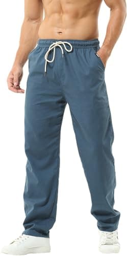 Image of Hoerev Men Casual Beach Trousers Linen Trousers Pants Blue
