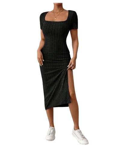 Image of GORGLITTER Women's Square Neck Bodycon Midi Dresses Short Sleeve Ribbed Slit Tight Casual Dress Solid Black XS