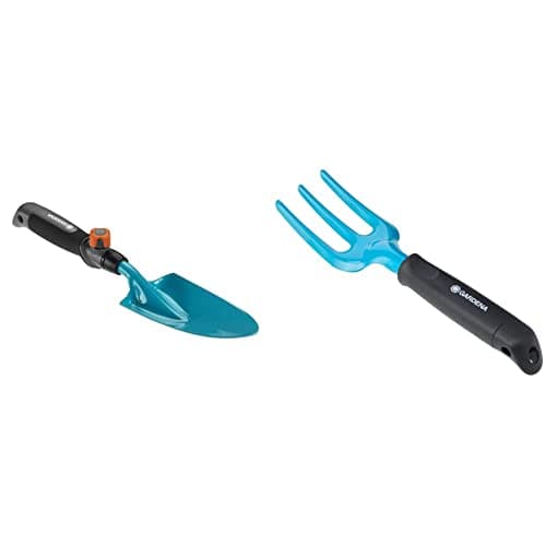 Image of Gardena 08929-20, combisystem Hand Trowel, 8.5cm & Classic Flower Fork: Garden tool that is gentle on the roots, for planting and transplanting, ergonomic handle (8952-20)