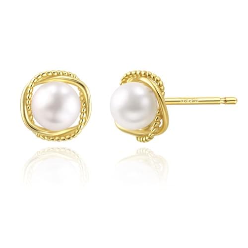Image of Weviway Sterling Silver Pearl Stud Earrings, Gold-Plated Twisted Design, Handmade Women's Jewellery