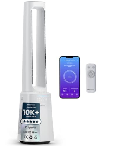Image of Pro Breeze® OmniAir 41" Smart Bladeless Tower Fan with Air Purifier - Silent Standing Portable Circulator - Remote Control, Wi-Fi, HEPA Filter, LED Display, 10 Fan Speeds, 5 Modes & 60° Oscillation