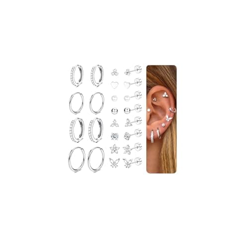 Image of CASSIECA 12Pairs Flat Back Earrings for Women Hypoallergenic Surgical Steel Earrings for Sensitive Ears Silver Hoop Stud Sleeper Earring Flatback Cartilage Tragus Helix Piercing Earring