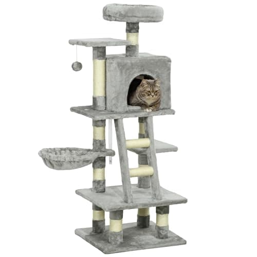 Image of PawHut 132cm Cat Tree for Large Cats, Cat Activity Centre with Scratching Posts, Hammock, Cat House, Bed, Perches, Ladder, for Indoor Use - Grey