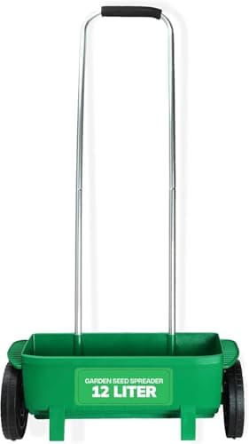 Image of Lawn Spreader 12 Litre Rotary Seed & Grit Salt Spreader with Protective Roof, 110CM Long Handle, Adjustable Speed Control On/Off, Wheeled Grass Fertiliser Spreader for Garden, Lawns & Pathways