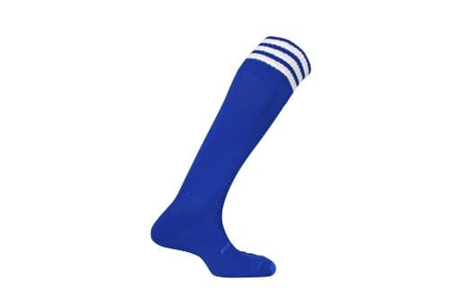 Image of Mitre Junior Mercury 3 Stripe Football Socks | Football Team Kit | Lightweight Long Sock | Breathable Sports Sock, Royal/White, Junior (3 UK - 6 UK)