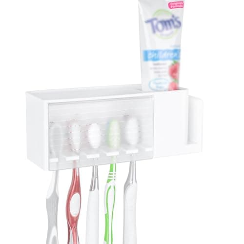 Image of Linkidea 5 Slots Wallmount Toothbrush Holder with Cover, Plastic Multifunctional Organizer for Toothpaste, Brush Storage Compatible with Oral-B Cross Action, Colgate Renewal(White)