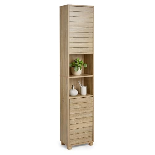 Image of VonHaus Tall Bathroom Cabinet – Oak Wood Effect Bathroom Tallboy with Slatted Design - Tall Storage with 2 Handleless Cupboard Doors, 5 Internal & 2 Open Shelves - for Kitchen & Hallway - Chester