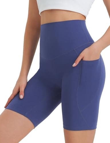 Image of baleaf Gym Shorts for Women Cycling Shorts Running Super High Waisted Workout Short with Pockets Yoga Sports 8" Navy Blue M