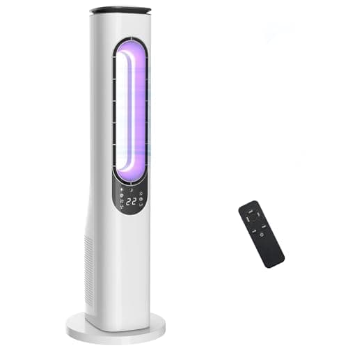 Image of HOMCOM Bladeless Tower Fan for Bedroom, 35dB Standing Cooling Fan with 50° Oscillating, LED Lights, 3 Speeds, 3 Modes, 15H Timer, LED Display and Remote Control, 38 inch, White