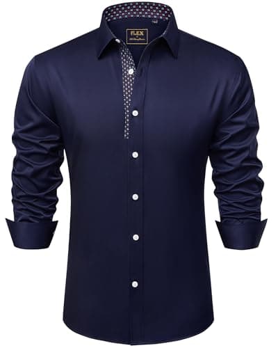 Image of siliteelon Mens Shirts Navy Blue Dress Shirt Formal Long Sleeve Button Down Brown Plaid Work Fashion Smart Floral Collar Regular Fit Work Interviews Shirts L