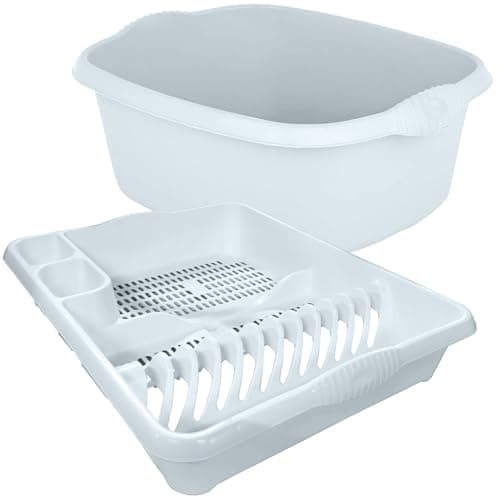 Image of KetoPlastics White 2 Piece Kitchen Set - Large Dish Drainer and Rectangle Washing up Bowl