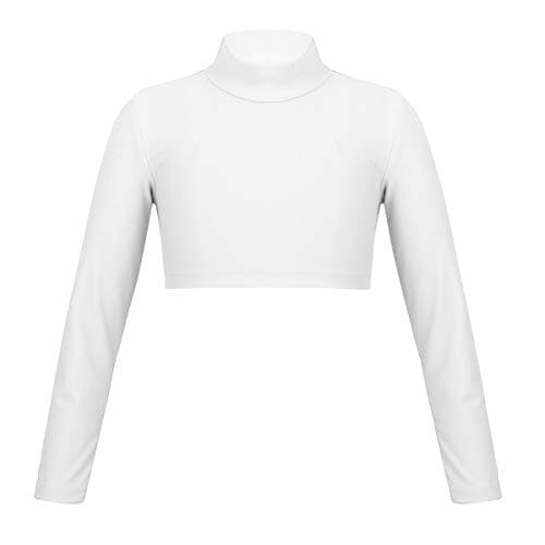 Image of Xnihocha Kids Girls Athletic Tops Plain Turtleneck Long Sleeve Crop Top Dance Sports Workout Activewear Ivory 7-8 Years