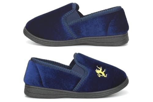 Image of Boys Slippers Boys Slip On Slipper Junior Slippers Twin Gusset Carpet Comfy Slipper Lion Motif Junior Sizes 11-1/2/3/4/5 Navy Blue 5 UK