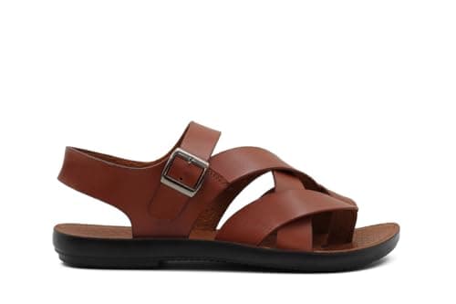 Image of Xposed Mens Retro Faux Leather Gladiator Sandals Crossover Straps Comfortable Summer Sliders [SANDAL-5602-BROWN-44]