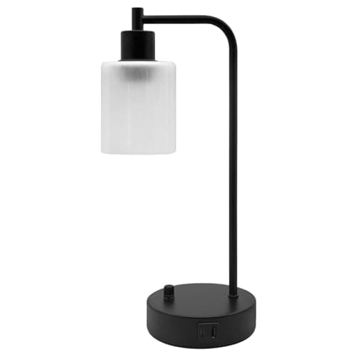 Image of Modern Table Lamp with Frosted Glass Shade, Black Metal Base, Dimmable Desk Light with USB Ports T519
