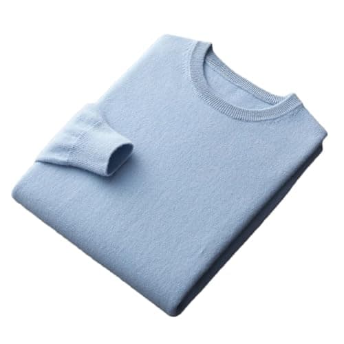 Image of 100% Merino Wool Sweater Mens Crew Neck Pullover Tops Solid Color Seamless Sweater Basic Jumper Sky Blue S