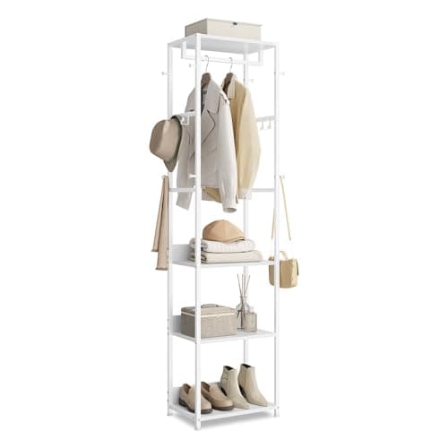 Image of VASAGLE Clothes Rack, Coat Rack Stand with Hanging Rail and Hooks, Hall Tree with Shelves, Steel Frame, for Clothes, Bags, Hats, Cloud White RCR061WC02