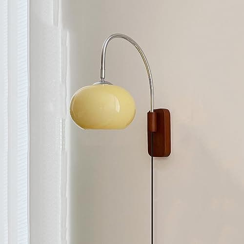 Image of SANGPAO Nordic Light Luxury Plug In Modern Wall Sconce Mid Century With White Milk Glass Vintage Industrial Wood Wall Light Hardwired Smoke Grey Amber Farmhouse Reading Wall Lamp For Bedroom Bedside