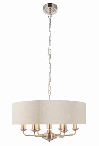 Image of CELESTE Decorative Pendant Ceiling Light - Brushed Chrome 3 Way Multi Arm Pendant with Natural Coloured Fabric Shade - Height Adjustable Indoor Dimmable Light