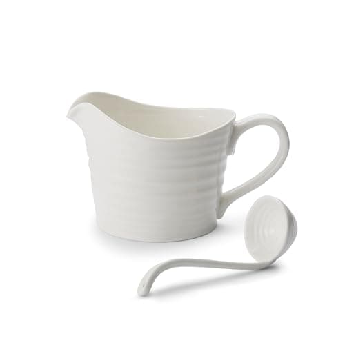 Image of Portmeirion x Sophie Conran Sauce Jug and Mini Ladle - Elegant White Porcelain Gravy Jug, Dishwasher, Microwave & Oven Safe, Suitable for Everyday Dining or as a Gift