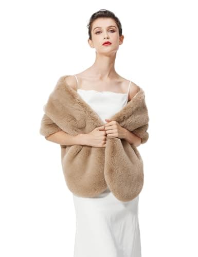 Image of BEAUTELICATE Faux Fur Wrap Shawl Stole Women’s Large Shrug Cape for Winter Wedding Evening Brides Bridesmaids 1920s Fancy Dress Costume(One Size, Upgraded - Khaki)