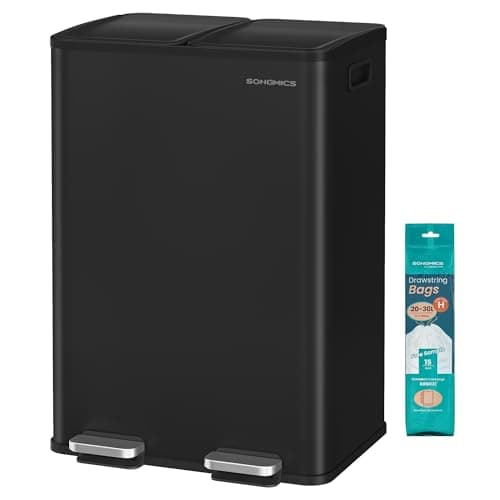 Image of SONGMICS Kitchen Bin, 2 x 8 Gallon (2 x 30 L) Dual-Compartment Pedal Rubbish Bin with Soft-Close Lid and Inner Buckets, Steel, Includes 15 Liner Bags, Ink Black LTB741B02