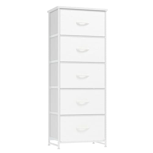 Image of Nicehill Chest of Drawers, 5-Drawer Tall Dresser for Bedroom, Wood Top, Sturdy Steel Frame, Chest of Drawers for Closet, Hallway, White Leather