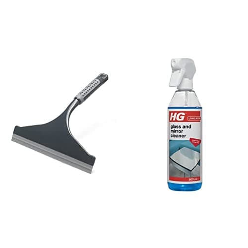 Image of Addis ComfiGrip Shower And Window Squeegee In Metallic and Graphite & HG Glass and Mirror Cleaner, Streak-Free Glass Cleaner, Effectively Removes Grease & Dirt